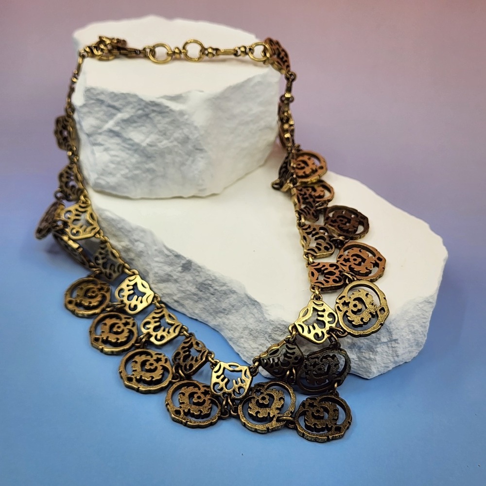 Gold Tone Openwork Medallion Bib Necklace Vintage Boho Statement Festival Style